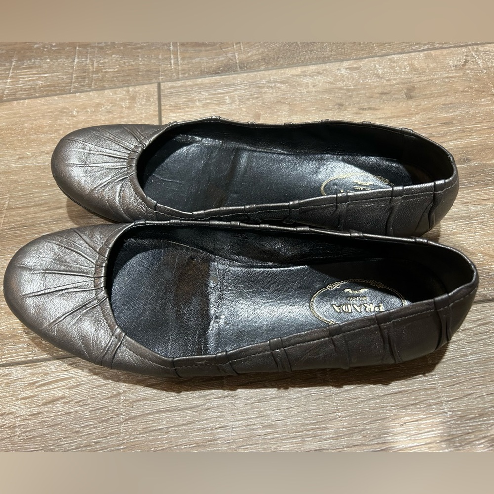 Prada Leather Ballet Flats, Puter Grey, 39.5 or 9 US